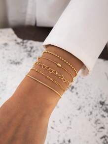 imoli Set de 6 pulseras de brazalete de aleación con diseño geométrico minimalista y exagerado, pulseras de cadena hueca con cuentas de CCB para mujeres, regalo para fiesta (brazalete ajustable)