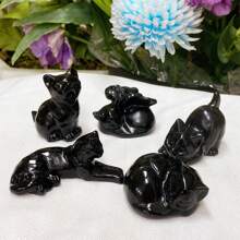 1pc Natural Black Obsidian Carved Cat, Quartz Crystal Sleeping Cat, Crystal Animal, Mineral Specimen, Home Decor, Crystal Healing, Crystal Gift, Size May Have 1-2mm Deviation - Black - View 9