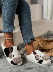 Cow Pattern Thermal Slippers, Warm Fluffy Anti-Slip Couple House Slippers, Winter - White - View 1