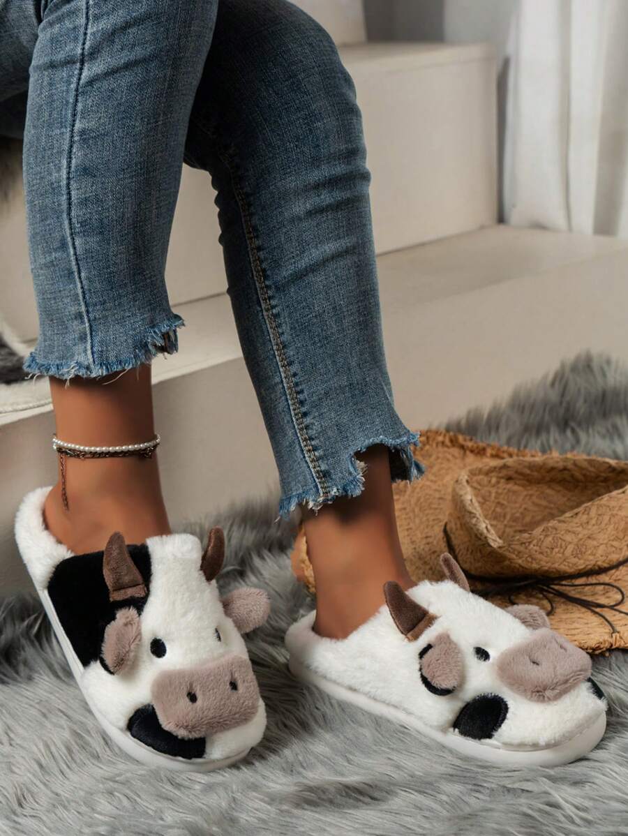 Cow Pattern Thermal Slippers, Warm Fluffy Anti-Slip Couple House Slippers, Winter - White - View 1