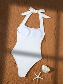 1pc Women Casual Contrast Color High Neck Tie Waist One-Piece Swimsuit - White - View 4