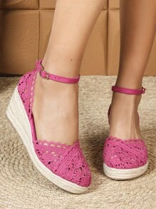 Sandalias de cuña con encaje para mujer, sandalias casuales de plataforma con puntera redonda, transpirables, trenzadas, de tacón alto, versátiles - Rosa Fucsia - Ver 3