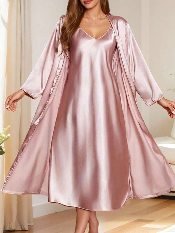 New Soft Silk-Like Sleepwear, Women Long Sleeve Robe V-Neck Camisole Dress, Comfortable Solid Color Pajama Set, Vacation