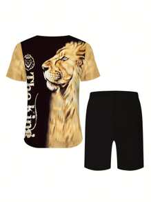 Men's New Fashion Casual Short Sleeve T-Shirt Set, Casual Short Sleeve T-Shirt And Casual Shorts Set, Geometric Print, Leisure Holiday T-Shirt Set