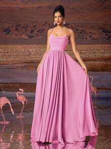 AOSHABABI 女士优雅雪纺荷叶边吊带长裙，正式礼服，适合各种正式场合，如宴会、婚礼、音乐节、节日派对、毕业舞会、鸡尾酒会、约会、度假、伴娘礼服，也适合晚宴、婚礼宾客、情人节等场合，春季粉色 - 粉色 - 查看 8