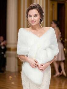 1 件时尚优雅蓬松女士户外披肩，白色蓬松新娘婚礼披肩/披肩，适合新娘婚礼派对，黑色