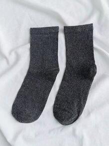 半双女式闪光厚中筒袜，适合秋季日常穿着 - 黑色 - 查看 4