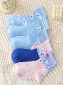Sanrio 5pcs/Set Sanrio Style Blue Toned Cartoon Design Premium Cotton Crew Socks For Women