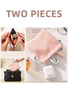 2pcs/Set Unisex Coin Purse, Automatic Closing Compact Pouch Bag For Earphones, Cables, Chargers And Small Essentials, Beige With Gold Zipper, Mini Makeup Bag, Suitable For Men, Women And Students - Pink - View 2