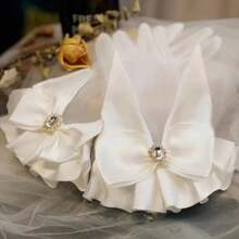 [Găng tay cưới ren đính đá tinh xảo] Găng tay ren trắng tinh khiết Trang trí đính đá tinh xảo Nơ Găng tay cưới Cô dâu Phụ kiện ngọt ngào thanh lịch Găng tay Phụ kiện mùa thu - trắng - Xem 3