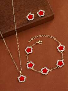 3pcs/Set Style Five-Leaf Flower Earrings Necklace Bracelet Jewelry Set - Fashion Lucky Flower Jewelry Set Suitable For Daily Wear Christmas New Year Valentine's Day Holiday Gift
