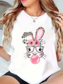 Leopard Print Rabbit Bunny Blowing Bubble Gum Easter Day Tee T-Shirt Fashionable Retro Casual Round Neck White Top Women's 100% Cotton T-Shirt