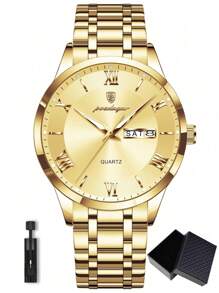 1 pieza Reloj de pulsera de cuarzo de acero inoxidable dorado con estilo de negocios para hombres, con calendario de semana y doble pantalla, resistente al agua 30M, función de manecillas luminosas, reloj casual para hombres con estuche, juego de regalo para hombres