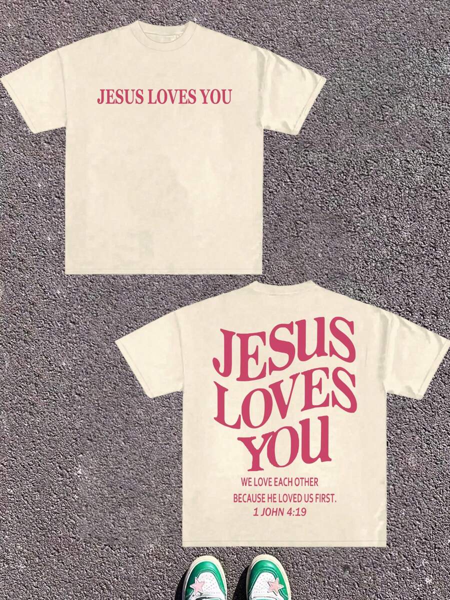 (220g Pure Cotton T-Shirt) Men's Summer Round Neck Short Sleeved Casual Pure Cotton Print JESUS LOVES YOU - Màu be - Xem 1