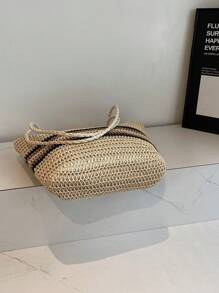 1 pieza Bolso de mano de mujer bicolor, bolso de hombro de gran capacidad tejido de paja para ir de compras, playa y uso diario