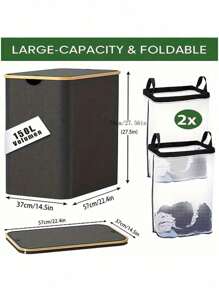 150l 双层带盖洗衣篮，大号洗衣篮，带竹制手柄和可拆卸洗衣袋，可折叠洗衣篮，适用于卧室、浴室、宿舍、洗衣房，米色洗衣篮，洗衣篮浴室收纳篮，篮子，储物篮，可折叠洗衣篮