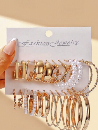 1-12 对新款仿珍珠扭纹环形耳环套装