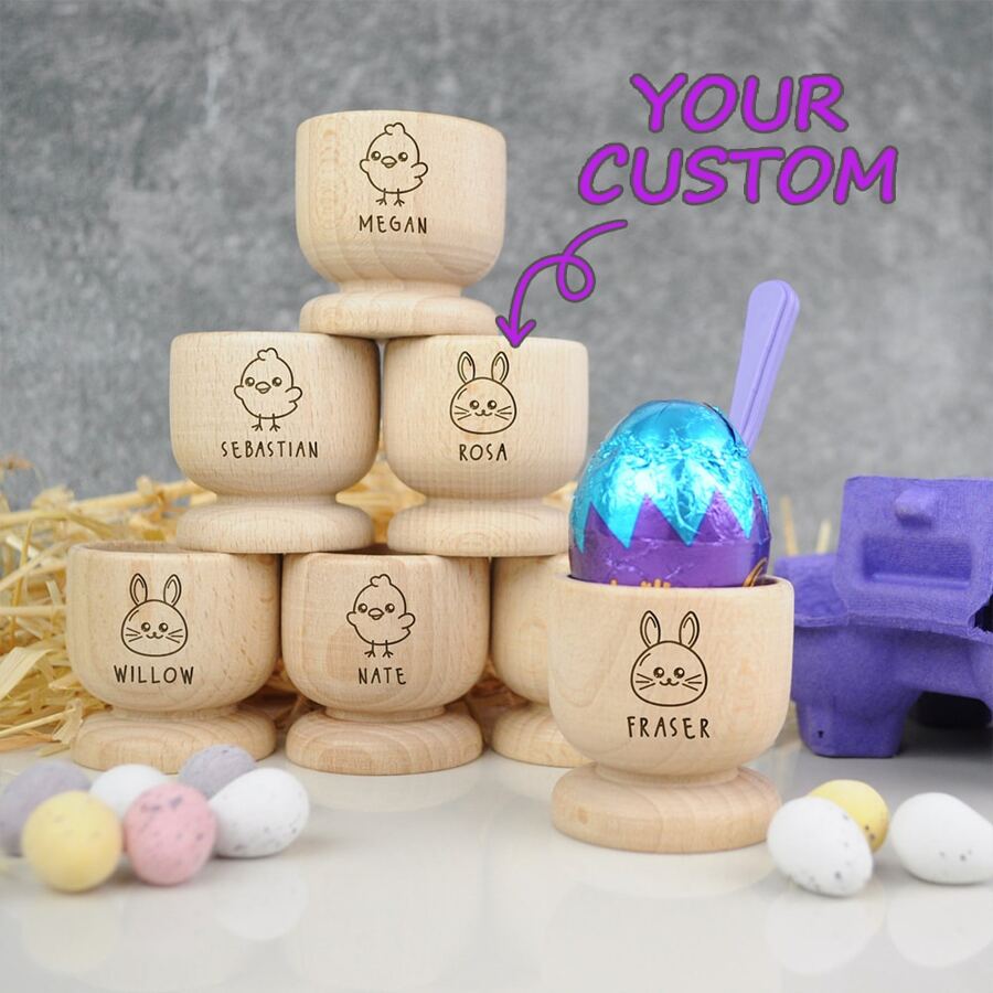 Customized Wooden Egg Cup, Easter Gift, Dippy Egg Holder, Baby's First Easter Gift, Easter Stocking Stuffer, Personalized Egg Cup, Carved Wooden Egg Cup, Dippy Egg Holder, Rabbit Egg Cup, Chick Egg Cup, Personalized Egg Cup With Any Name - Wood Color - View 1