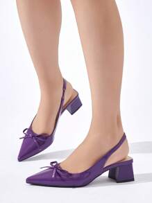 Women's Bowknot Accent Solid Color Pointed Toe Closed Back High Heel Shoes, Fashion & Comfortable Slip-On Pumps, Elegant For Daily Commute, Party, Wedding, Formal Occasion, Suitable For Autumn/Winter, Purple