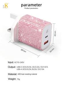 1个水晶装饰USB-C墙充，20W Type-C+QC3.0双口电源适配器，USB-C数据线手机充电器，兼容 16/15/15 Plus/15 Pro/15 Pro Max、Pro 12.9英寸（第五代/第四代/第三代）、Galaxy S23 Ultra/S23/S23+/S22/S21/S20 Ultra/S22+/S21+/Ultra/S20/S20+，适合旅行、办公、宿舍和家庭使用，多端口设计 - 英規插(220-240V) - 查看 8