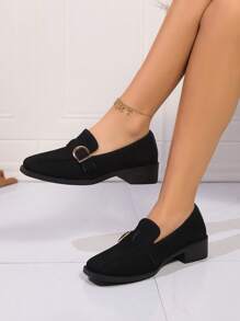 Women Casual Square Toe Metal Decor Low Heel Slip-On Flats, Suede Material, Comfortable Everyday Loafers, Retro Elegant British Style, Black, Spring/Summer/Autumn/Winter - Black - View 4