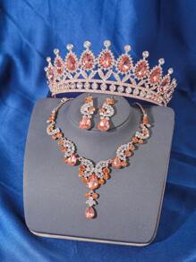 4 件优雅奢华巴洛克水晶皇冠项链耳环配饰套装，新娘婚礼头饰，女士派对活动成人礼物皇冠项链耳环
