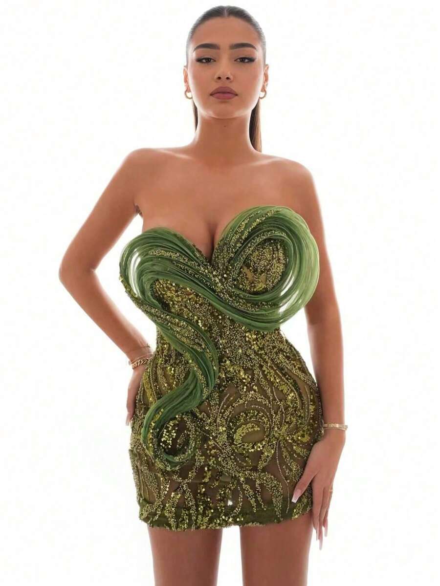 New Women Strapless Sequin Mini Dress, Evening Gown, Party Dress, Wedding Guest Dress, Prom Dress - Green - View 1