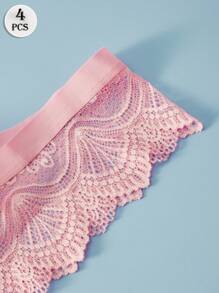 4PCS Sexy Lace Thongs Bow Women's Underwear Transparent Elastic G-String Solid Color Casual Panties For Women Soft And Light T-Back Black Pink White Lingerie Low Waist Tangas Fashionable Briefs - Multicolor - View 6