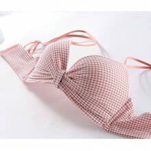 Three Pieces SetSweet And Cute Girl's Small Chest Gathering Underwear Seamless Girl's No Wire Bra High School Student Strap Checkered Comfortable Bra - Multicolor - View 5