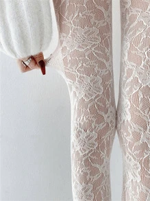 1pc New Vintage Sexy Stockings, Floral Jacquard White Pantyhose, Hollow Lace Net Stockings, Spring/Summer Tights