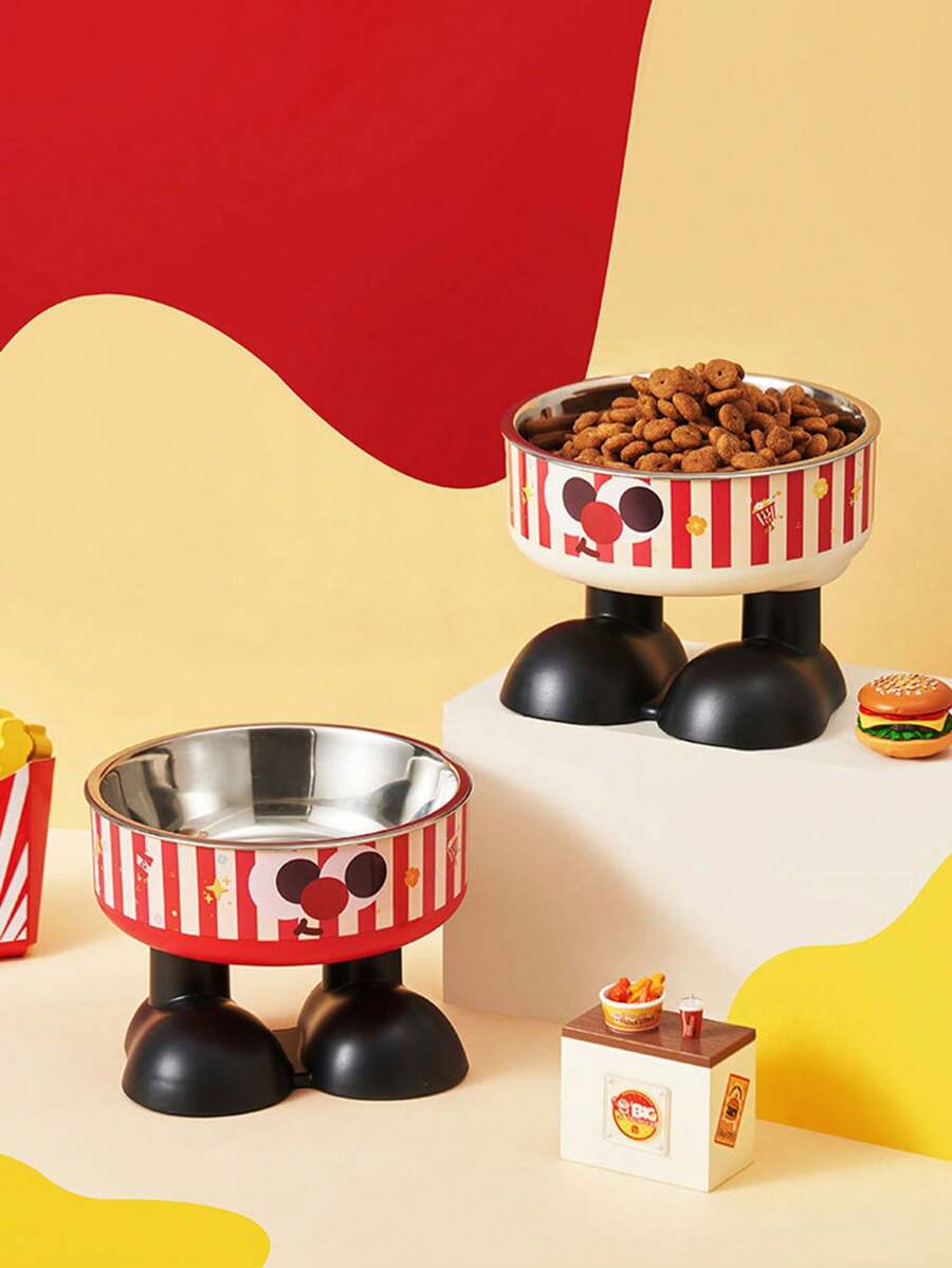 1pc Elevated Cartoon Cat Dog Pet Food Water Bowl With Spill Prevention, Raised Feeder