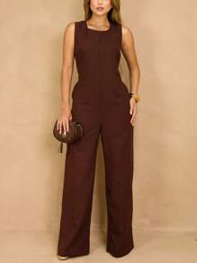 Elegant Linen Pantaloon Jumpsuit Wide Legs And Discreet Pockets - Rust Brown - View 4