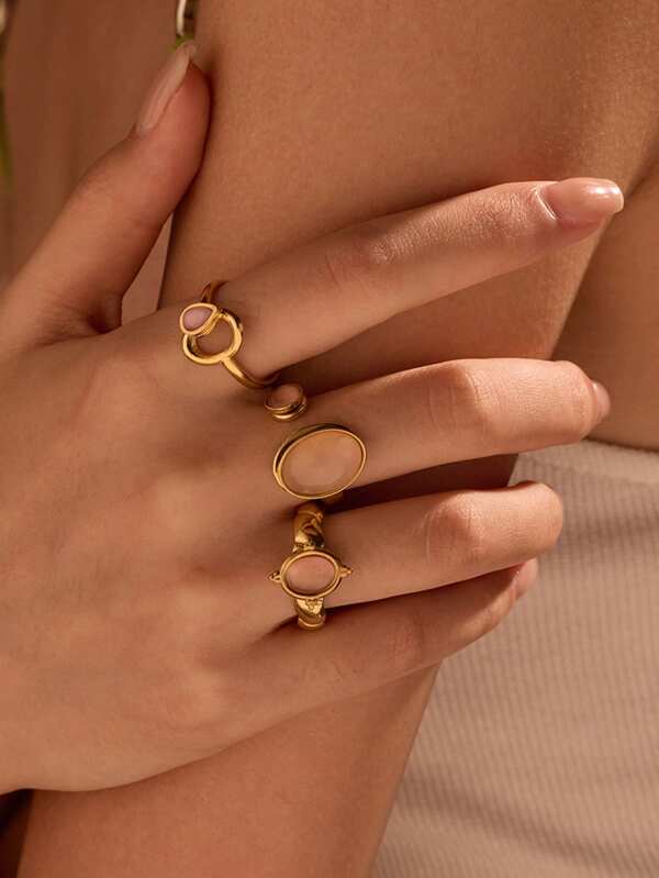3 Peças Conjunto de Anéis de Moda Feminina com Pedra Opala Rosa Embutida em Tom Dourado em Aço Inoxidável, Adequado para Uso Feminino ou como Presentes