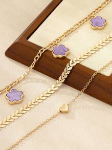 3pcs Summer Vacation Beach Style Wheat Chain Clover Heart Pendant Anklets Set - Purple - View 2