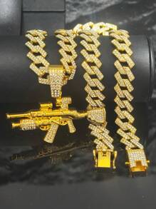 1 Set Men's Personalized Alloy Rhinestone Embellished Rifle Pendant Necklace, Gemstone Bracelet, Watch, European & American Stylish Hip-Hop Accessory, High-End Gift Box - Gun Set - View 15