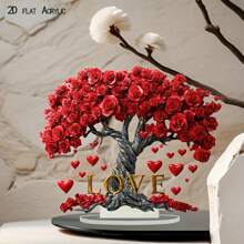 2D 亚克力浪漫树饰，带红玫瑰和心形装饰，波西米亚风格桌面装饰，适合情侣，随机孔设计