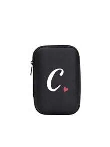 A-Z Letter & Heart Pattern Mini Portable Storage Pouch, Waterproof & Shockproof Digital Organizer Bag, Initial Monogram Phone Charger Cable Holder, Zipper Pouch For Wallet, Data Cable, Electronic Accessories, Suitable For Business, Travel, School, University, Office - Black - View 20