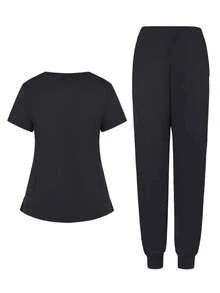 Women Scrub Uniform Set, Solid Color Short Sleeve Top And Long Pants, Minimalist And Fashionable, Suitable For Summer - Black - View 3