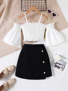 Ensemble robe ado fille élégante : blouse à manches évasées découvrant les épaules + jupe évasée, 2 pièces Tenue d'été décontractée, cadeau, convient aux activités de loisirs en extérieur