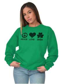 St Patrick's Day Womens Graphic Fleece Lined Crewneck Pullover Sweatshirt Saint Paddy's Day Peace Love Irish Lucky Four Leaf Clover Shamrock Ladies Casual Loose Fit Fashion Cotton Printed Thermal Lined Jumper Brisco Brands - Irish Green - View 1