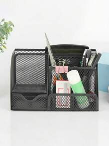 1 件式办公桌抽屉整理器，经典网格设计，金属笔筒，大空间，多功能办公桌收纳盒，适用于办公室、家庭、学校用品黑色