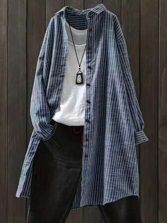 女式条纹长袖宽松休闲衬衫，正面按扣，春/秋