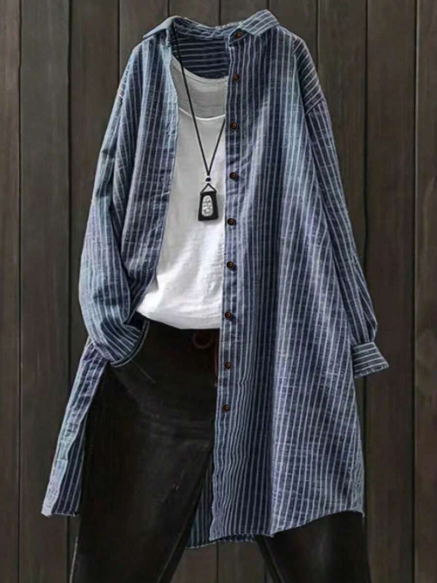 女式条纹长袖宽松休闲衬衫，正面按扣，春/秋 - 藍色 - 查看 1