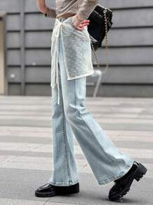 Tween Girls Denim & Mesh Flare Pants, Spring/Summer - Blue - View 4