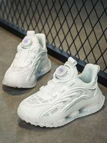 1 Pair Youth Spring/Summer Breathable Mesh Vamp Chunky Sneakers, Dual-Layer Sole For Shock Absorption, Adjustable Rotary Buckle For Easy On/Off, Suitable For Daily, School, Sports - White - View 5