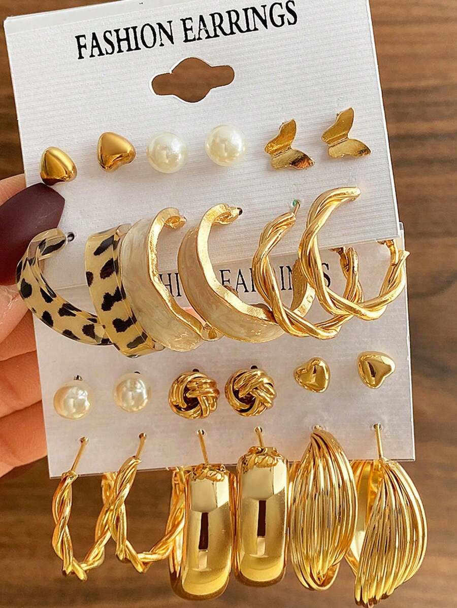 12pcs/Set New Butterfly, Heart, Leopard Print C-Shape Acrylic Stud Earrings Set - Yellow Gold - View 1