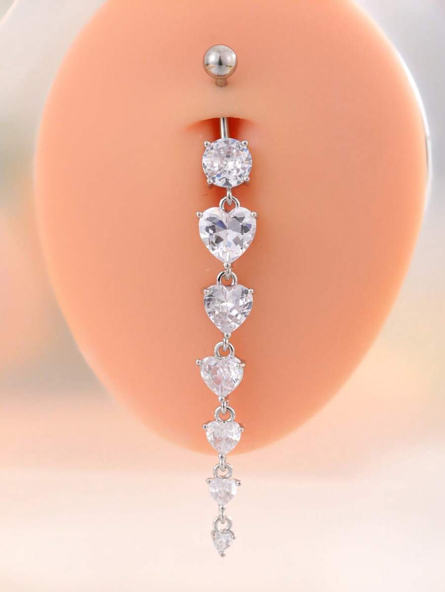 1pc Stainless Steel Belly Button Ring With Long Pendant, 6pcs Heart CZ Inlay, Piercing Jewelry For Women