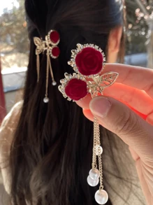 1pc Women's Elegant Red Rose Tassel Crystal Hair Claw Clip, Ideal Gift Hair Clips Hair Jaw Clip Hair Clamps Hair Clutch Hair Catcher Clip