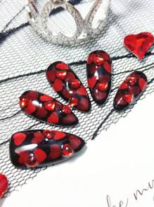 Y2K Romantic Baby|10 Medium-Length Almond-Shaped Handmade Press-On Nails.This Style Has A Black Background, Red Heart-Shaped Sequins, And Water Drop Decoration, Which Gives A Feeling Of Romantic Love.Perfect For Sweet, Stylish And Sexy Girls, Perfect For Dates, Parties, Disco And Camping.This Manicure Set Contains 1 Jelly Gel And 1 Mini Nail File, As Well As A Set Of Beautiful Handmade Press-On Nails. - Multicolor - View 4