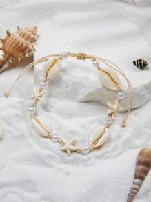 1 pieza Tobillera de estilo bohemio y playero con estrella de mar de turquesa y perlas falsas, tejida e impermeable, adecuada para mujeres de vacaciones
